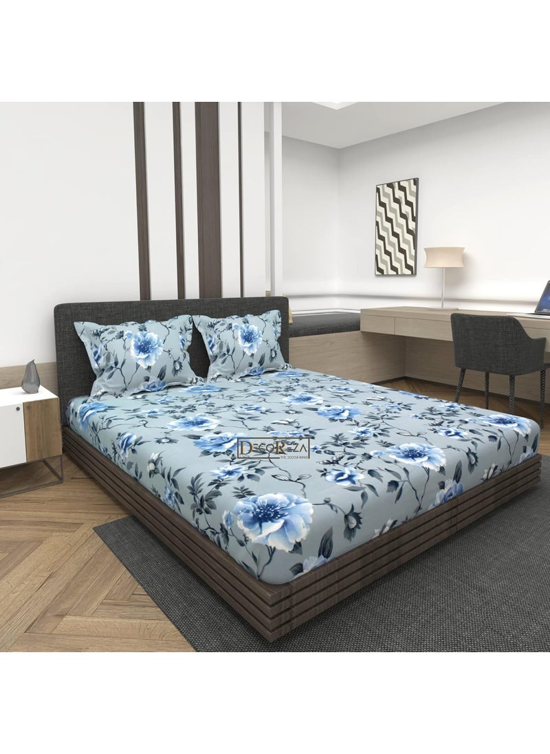 DECOREZA 28 TC Cotton Feel All Around Elastic Fitted Queen Size Double Bed Bedsheet with 2 Large Pillow Covers Fits Upto Mattress of 8 InchesSize 60 x 78 x 8 Inches Grey Floral