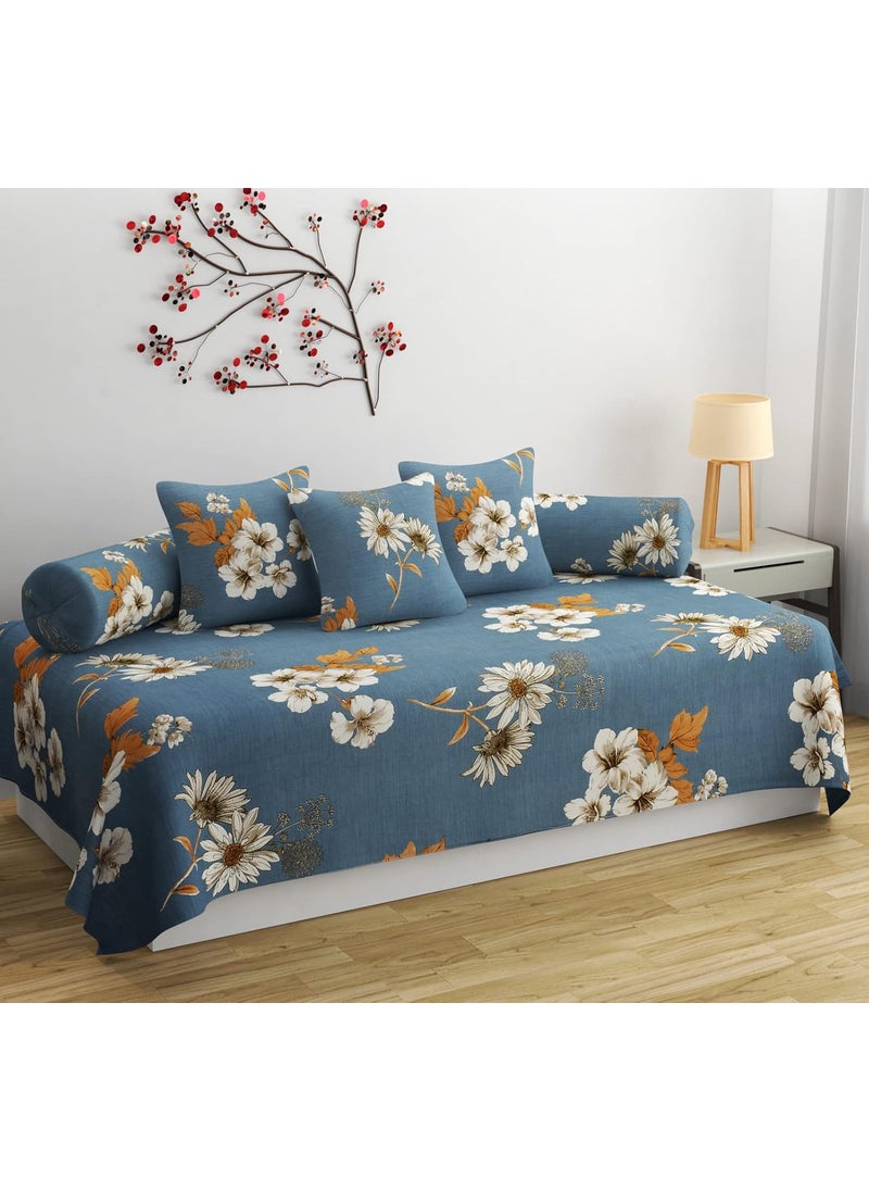 SHOMES Pure Cotton Printed Diwan Set Covers 6 Pieces for Living Room 1 Single Bed Sheet with 3 Cushion Covers 2 Bolster Covers Color Blue Size Standard Set of 6 Pcs