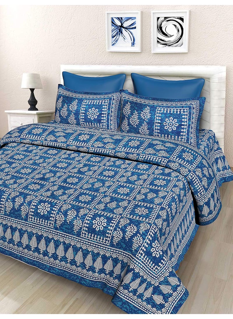 SheetKart Floral 144 TC Cotton Double Bedsheet with 2 Pillow Covers Blue