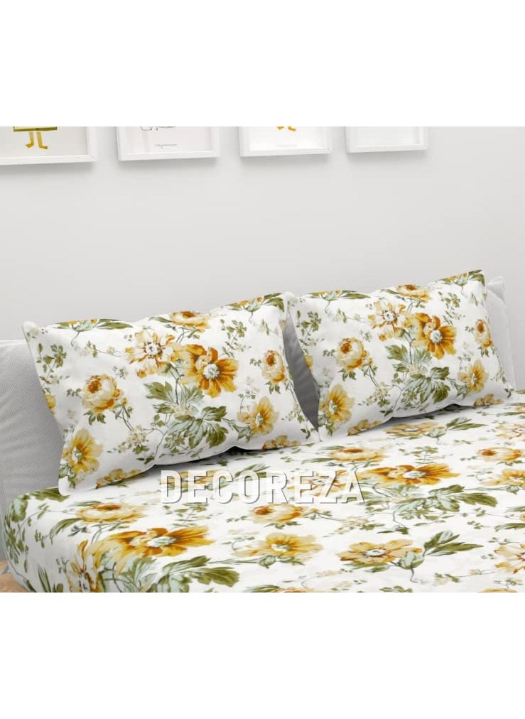 DECOREZA 28 TC Cotton Feel All Around Elastic Fitted Queen Size Double Bed Bedsheet with 2 Large Pillow Covers Fits Upto Mattress of 8 InchesSize 60 x 78 x 8 Inches Golden Floral