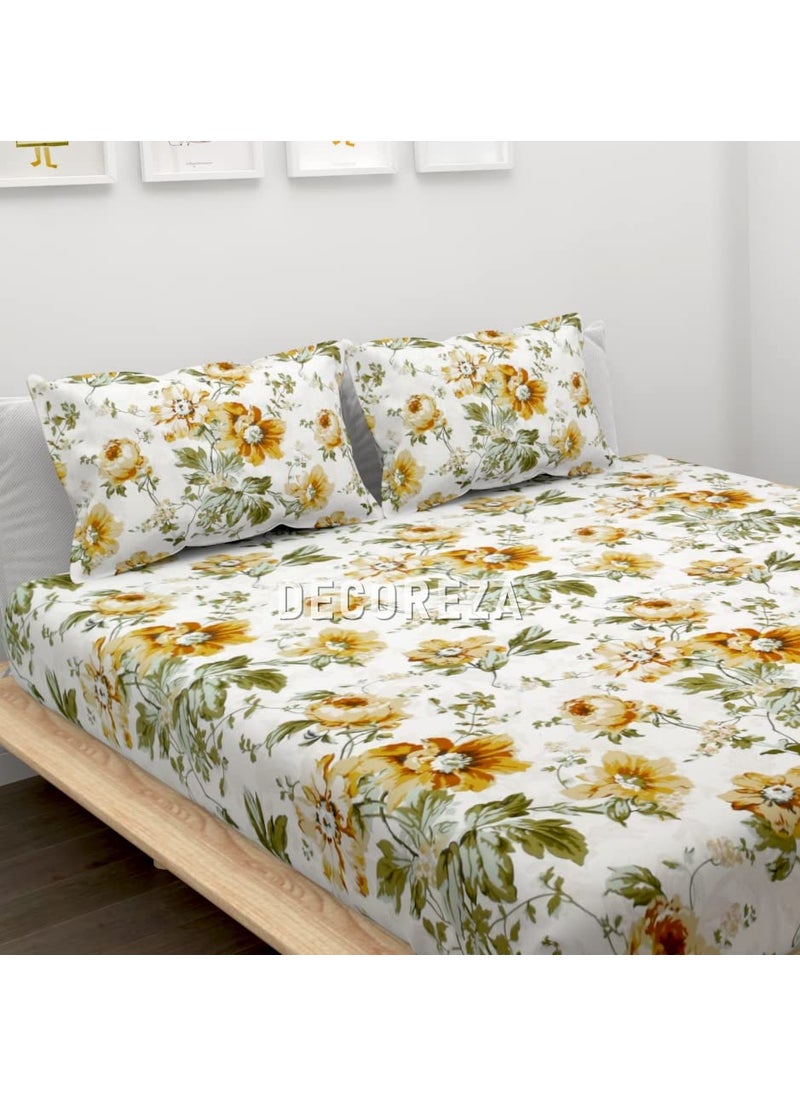 DECOREZA 28 TC Cotton Feel All Around Elastic Fitted Queen Size Double Bed Bedsheet with 2 Large Pillow Covers Fits Upto Mattress of 8 InchesSize 60 x 78 x 8 Inches Golden Floral