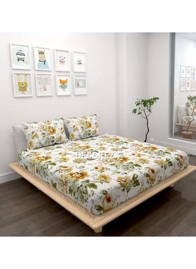 DECOREZA 28 TC Cotton Feel All Around Elastic Fitted Queen Size Double Bed Bedsheet with 2 Large Pillow Covers Fits Upto Mattress of 8 InchesSize 60 x 78 x 8 Inches Golden Floral
