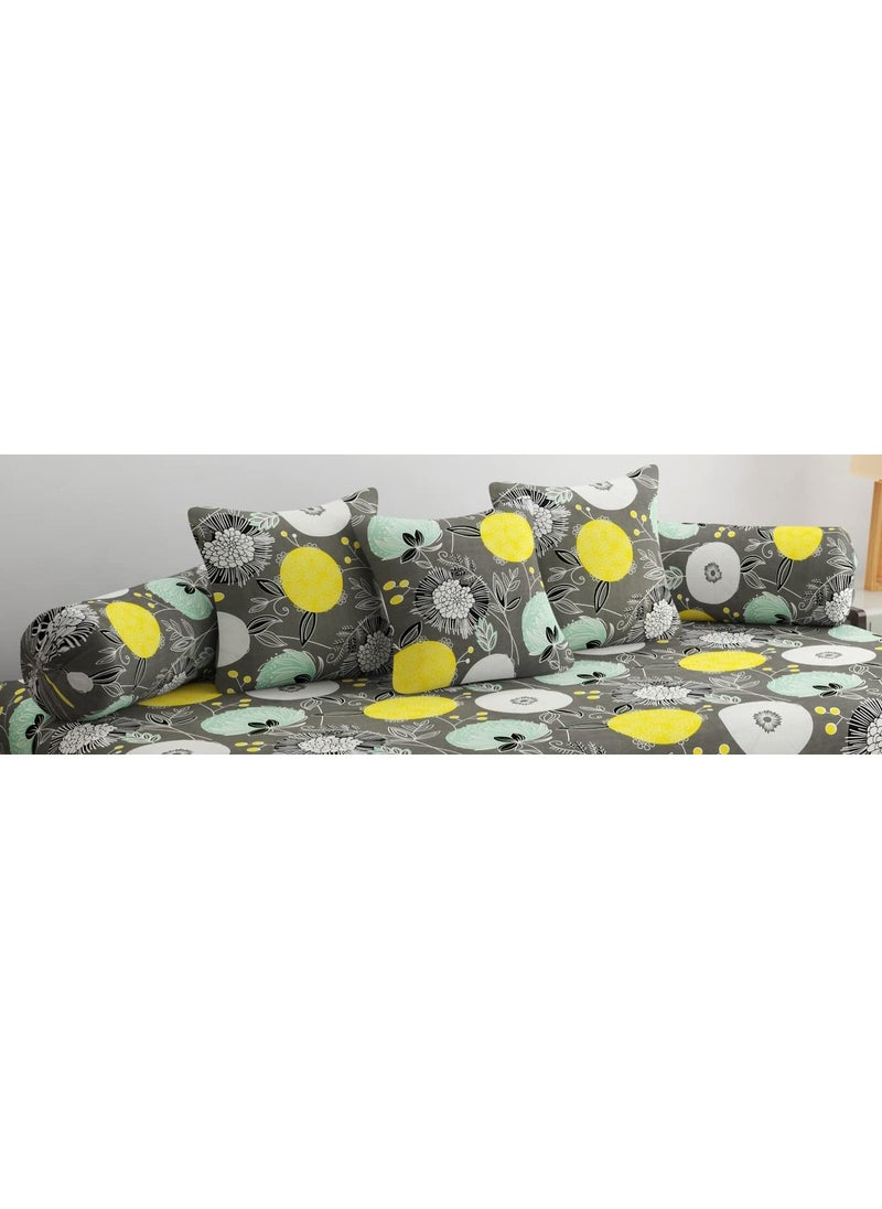 SHOMES Pure Cotton Printed Diwan Set Covers 6 Pieces for Living Room 1 Single Bed Sheet with 3 Cushion Covers 2 Bolster Covers Color Grey Size Standard Set of 6 Pcs