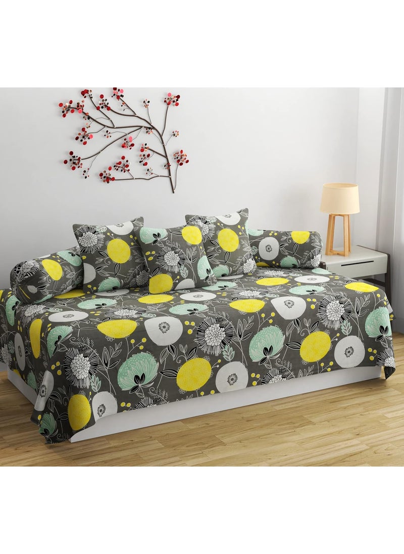 SHOMES Pure Cotton Printed Diwan Set Covers 6 Pieces for Living Room 1 Single Bed Sheet with 3 Cushion Covers 2 Bolster Covers Color Grey Size Standard Set of 6 Pcs