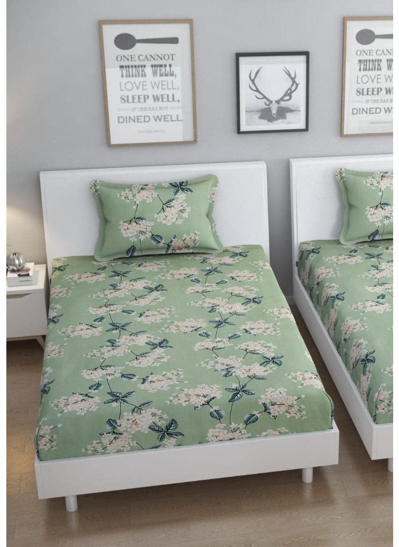 YaAkholic Single Bedsheet Combo Pack of 2 Soft Brushed Cotton 200TC Set of 2 Bedsheet with 2 Pillow Cover Breathable Wrinkle Free 4 Pcs Set Green Flower Green Single Flat Pack of 2