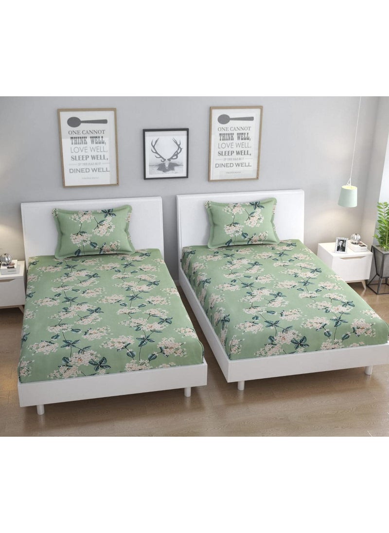 YaAkholic Single Bedsheet Combo Pack of 2 Soft Brushed Cotton 200TC Set of 2 Bedsheet with 2 Pillow Cover Breathable Wrinkle Free 4 Pcs Set Green Flower Green Single Flat Pack of 2