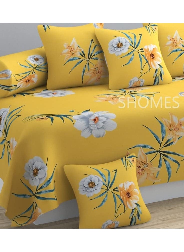 SHOMES Glace Cotton Floral Printed Diwan Set Covers 8 Pieces 1 Single Deewan Bed Sheet 60 X 90 with 5 Cushion 16 X 16 2 Bolster Covers 16 X 32 Yellow