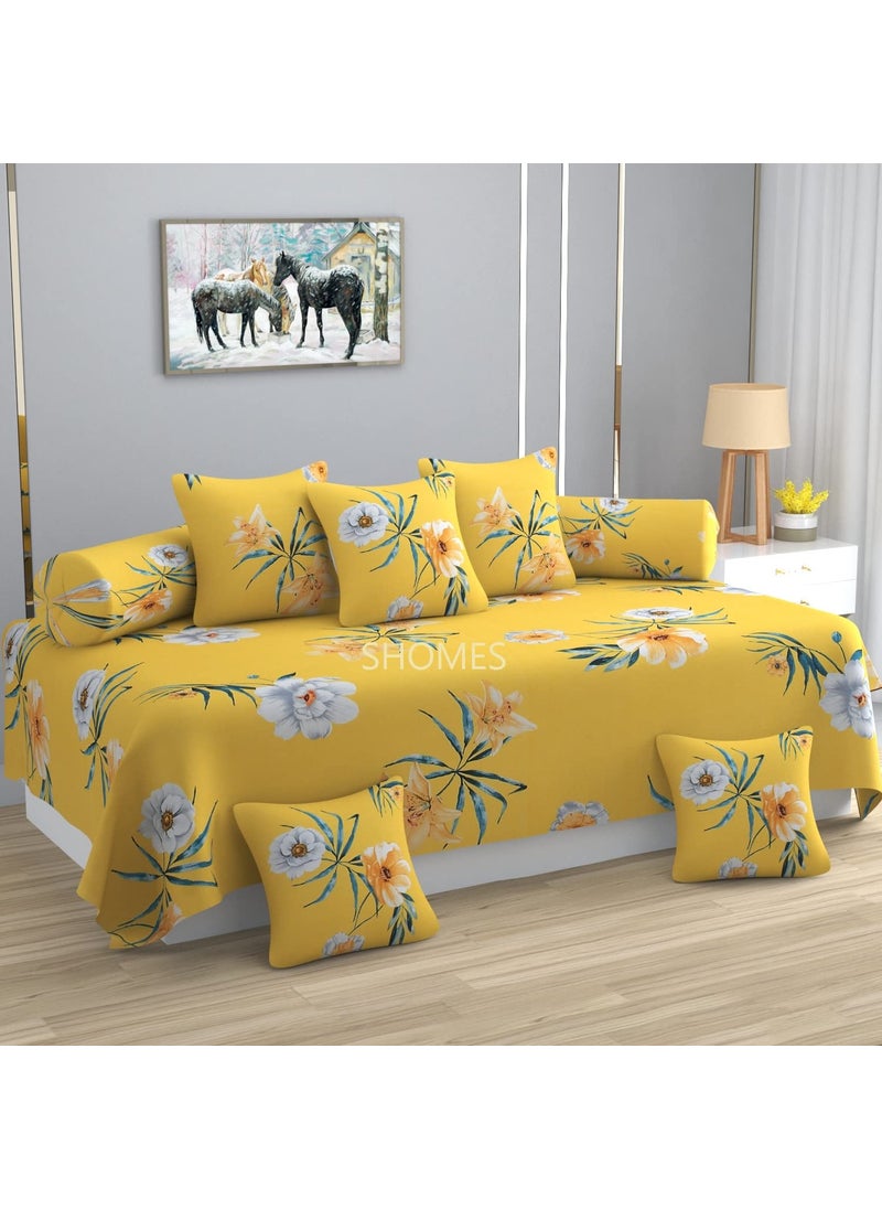SHOMES Glace Cotton Floral Printed Diwan Set Covers 8 Pieces 1 Single Deewan Bed Sheet 60 X 90 with 5 Cushion 16 X 16 2 Bolster Covers 16 X 32 Yellow