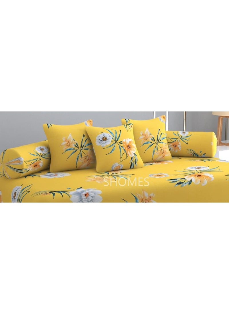 SHOMES Glace Cotton Floral Printed Diwan Set Covers 8 Pieces 1 Single Deewan Bed Sheet 60 X 90 with 5 Cushion 16 X 16 2 Bolster Covers 16 X 32 Yellow
