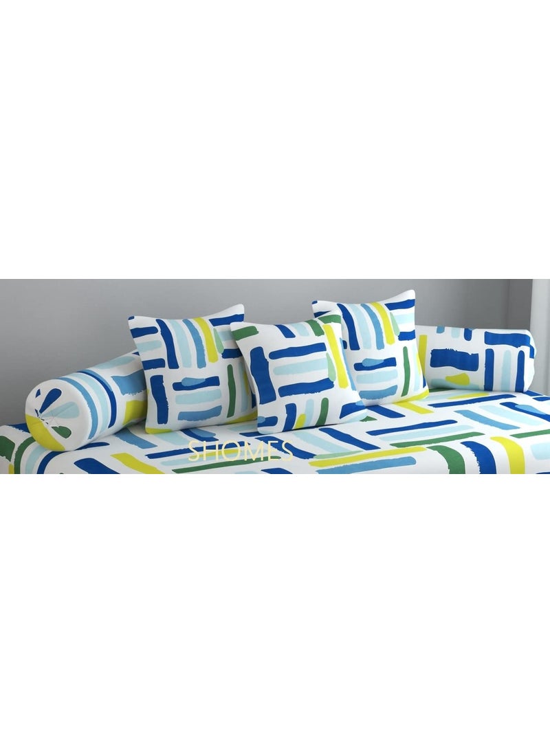 SHOMES Pure Soft Cotton Geometric Printed Diwan Set Covers 8 Pieces 1 Single Bed Sheet 60 X 90 with 5 Cushion 16 X 16 2 Bolster Covers 16 X 32 White Multi