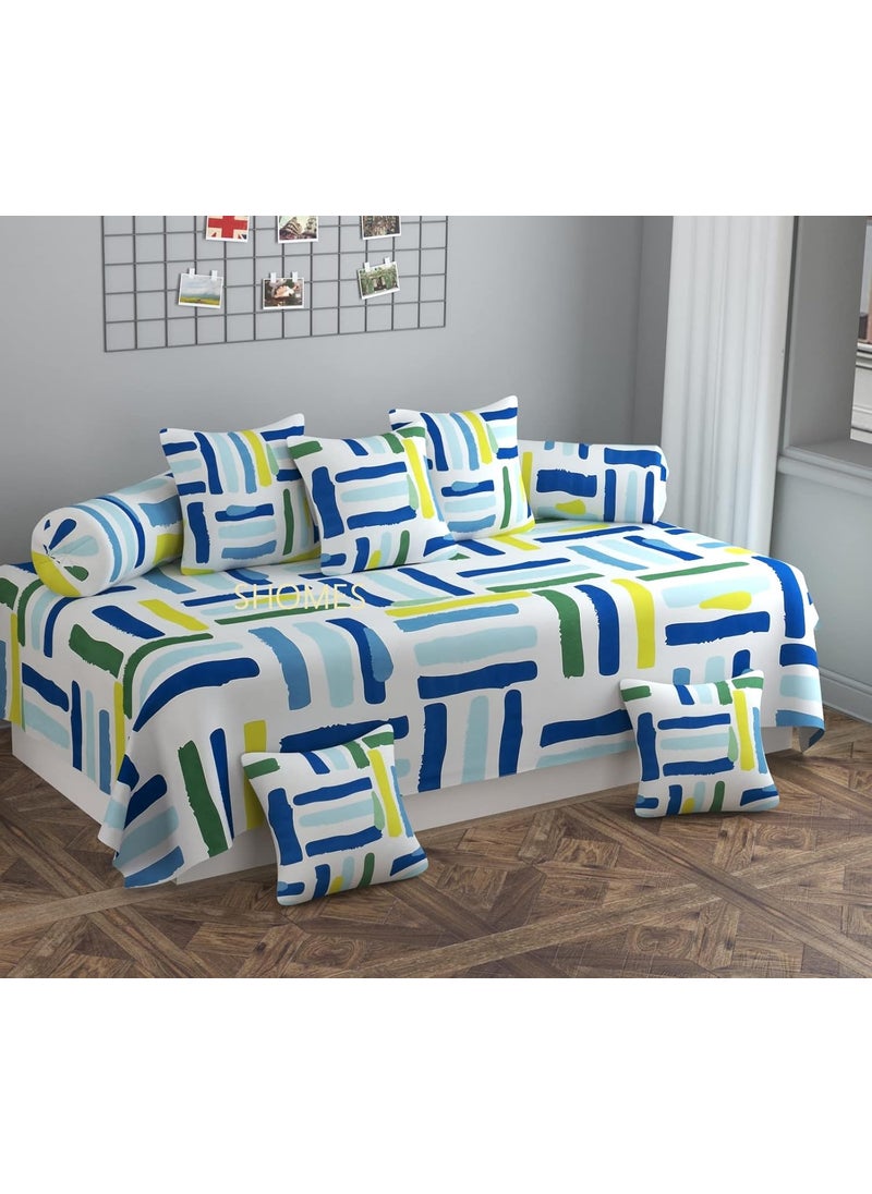 SHOMES Pure Soft Cotton Geometric Printed Diwan Set Covers 8 Pieces 1 Single Bed Sheet 60 X 90 with 5 Cushion 16 X 16 2 Bolster Covers 16 X 32 White Multi