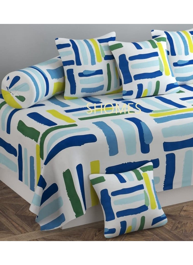 SHOMES Pure Soft Cotton Geometric Printed Diwan Set Covers 8 Pieces 1 Single Bed Sheet 60 X 90 with 5 Cushion 16 X 16 2 Bolster Covers 16 X 32 White Multi