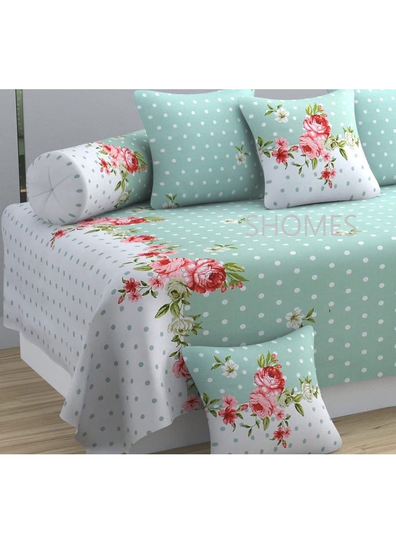 SHOMES Glace Cotton Floral Printed Diwan Set Covers 8 Pieces 1 Single Deewan Bed Sheet 60 X 90 with 5 Cushion 16 X 16 2 Bolster Covers 16 X 32 Pink White