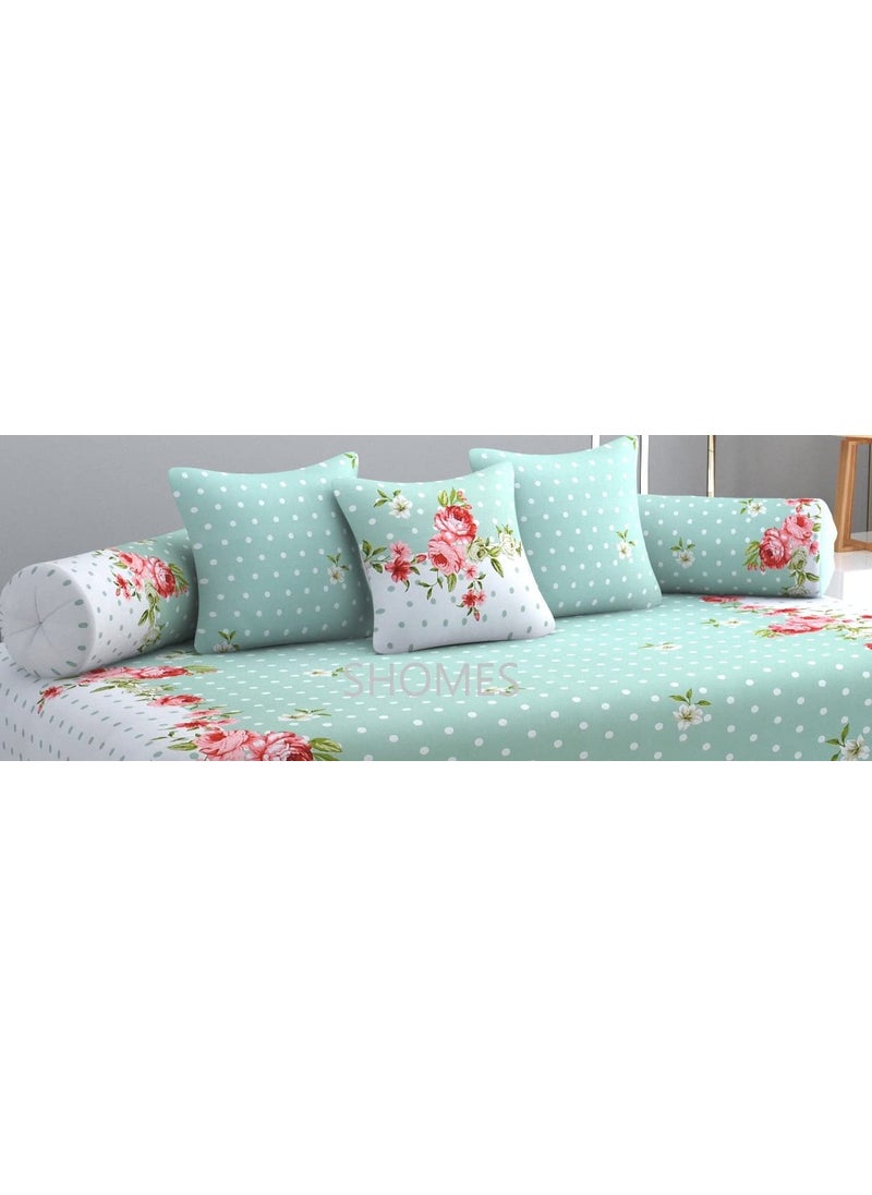 SHOMES Glace Cotton Floral Printed Diwan Set Covers 8 Pieces 1 Single Deewan Bed Sheet 60 X 90 with 5 Cushion 16 X 16 2 Bolster Covers 16 X 32 Pink White
