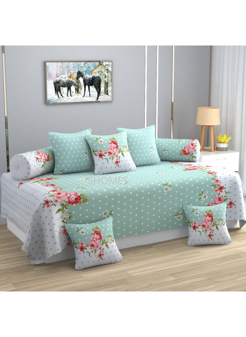 SHOMES Glace Cotton Floral Printed Diwan Set Covers 8 Pieces 1 Single Deewan Bed Sheet 60 X 90 with 5 Cushion 16 X 16 2 Bolster Covers 16 X 32 Pink White