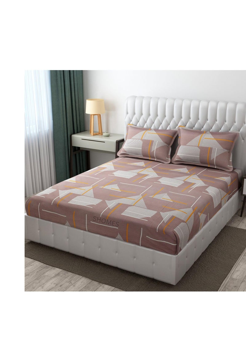 SHOMES 100 Pure Glace Cotton Elastic Fitted Bedsheets 72 x 78 All Around Elasticated Double Bed Sheet with 2 Large Pillow Covers 18x28 Inches Brown