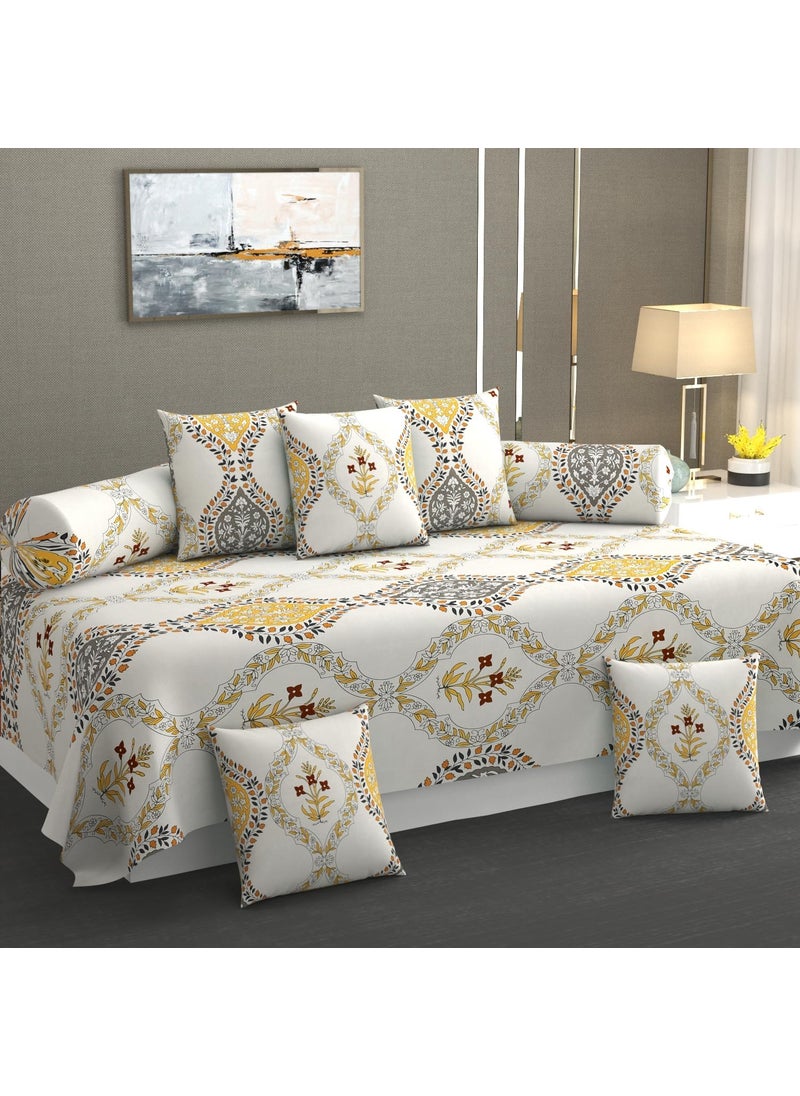 SHOMES Pure Soft Cotton Floral Printed Diwan Set Covers 8 Pieces 1 Single Bed Sheet 60 X 90 with 5 Cushion 16 X 16 2 Bolster Covers 16 X 32 Cream Floral