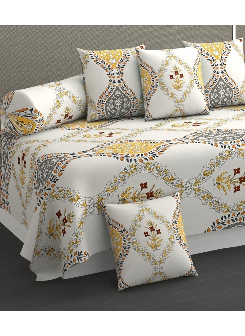 SHOMES Pure Soft Cotton Floral Printed Diwan Set Covers 8 Pieces 1 Single Bed Sheet 60 X 90 with 5 Cushion 16 X 16 2 Bolster Covers 16 X 32 Cream Floral