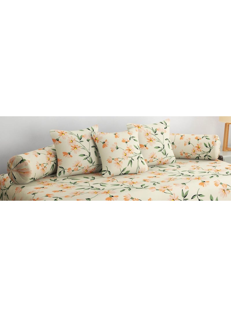 SHOMES Pure Cotton Printed Diwan Set Covers 6 Pieces for Living Room 1 Single Bed Sheet with 3 Cushion Covers 2 Bolster Covers Color Cream Floral Size Standard Set of 6 Pcs