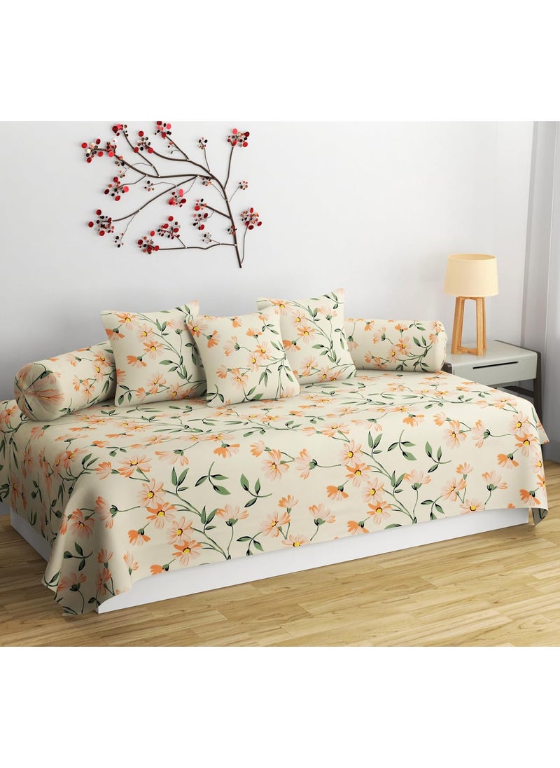 SHOMES Pure Cotton Printed Diwan Set Covers 6 Pieces for Living Room 1 Single Bed Sheet with 3 Cushion Covers 2 Bolster Covers Color Cream Floral Size Standard Set of 6 Pcs
