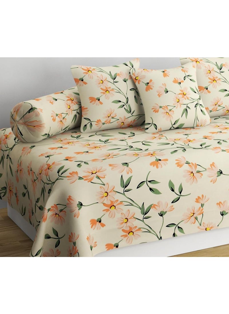SHOMES Pure Cotton Printed Diwan Set Covers 6 Pieces for Living Room 1 Single Bed Sheet with 3 Cushion Covers 2 Bolster Covers Color Cream Floral Size Standard Set of 6 Pcs