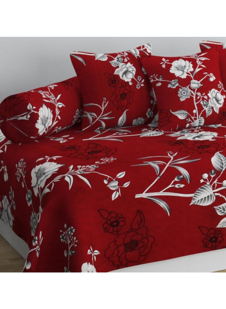 SHOMES Pure Soft Cotton Floral Printed Diwan Set Covers 6 Pieces 1 Single Bed Sheet 60 X 90 with 3 Cushion 16 X 16 2 Bolster Covers 16 X 32 Maroon Floral