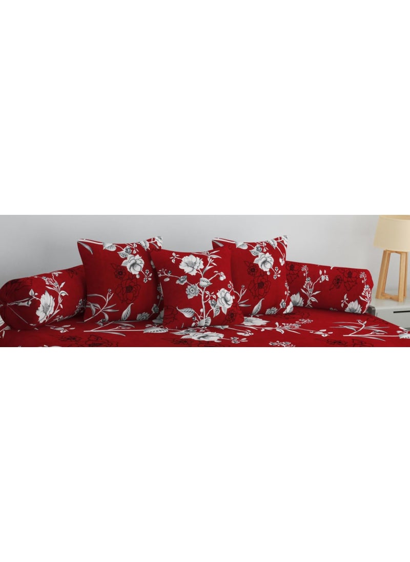 SHOMES Pure Soft Cotton Floral Printed Diwan Set Covers 6 Pieces 1 Single Bed Sheet 60 X 90 with 3 Cushion 16 X 16 2 Bolster Covers 16 X 32 Maroon Floral