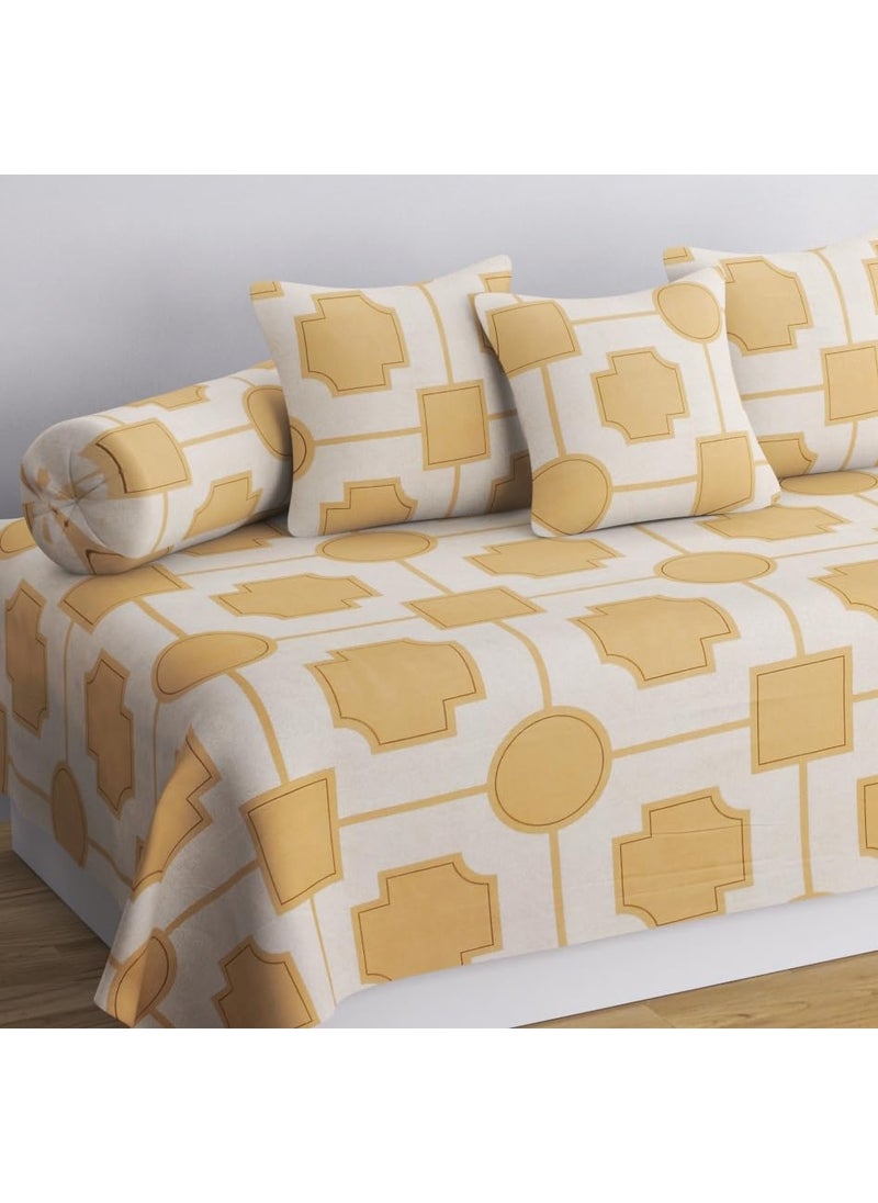 SHOMES Pure Cotton Printed Diwan Set Covers 6 Pieces for Living Room 1 Single Bed Sheet with 3 Cushion Covers 2 Bolster Covers Color Beige Size Standard Set of 6 Pcs