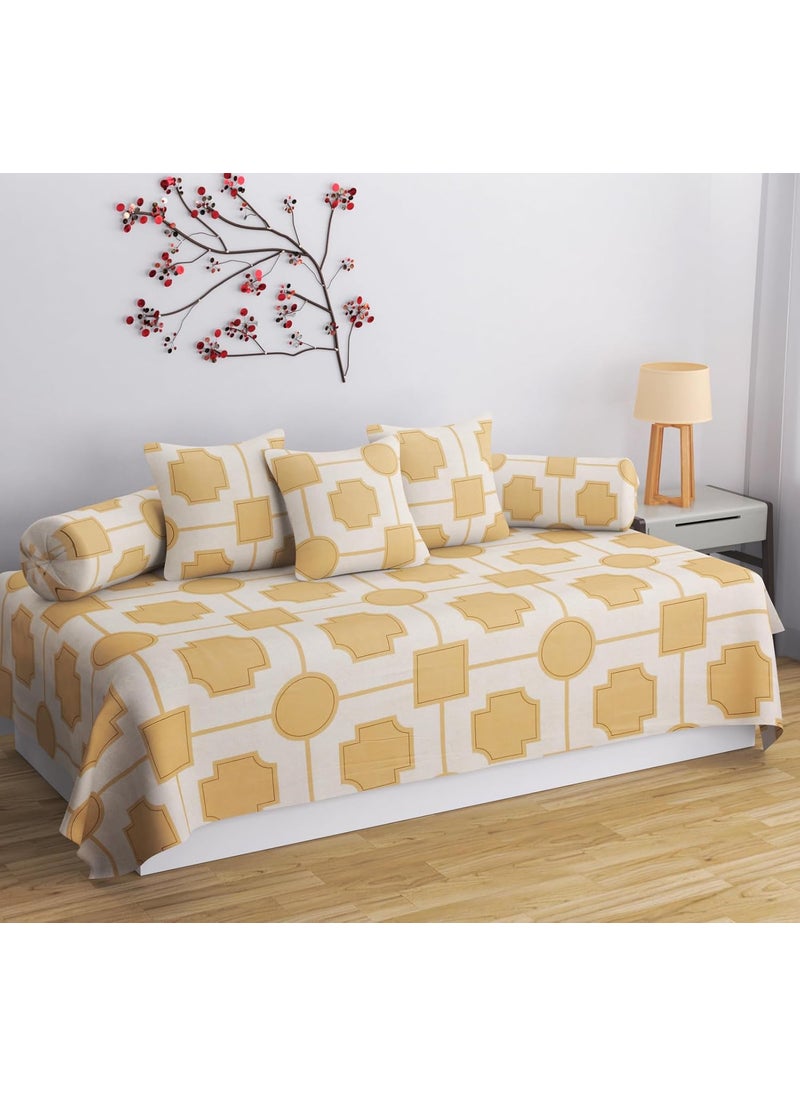 SHOMES Pure Cotton Printed Diwan Set Covers 6 Pieces for Living Room 1 Single Bed Sheet with 3 Cushion Covers 2 Bolster Covers Color Beige Size Standard Set of 6 Pcs