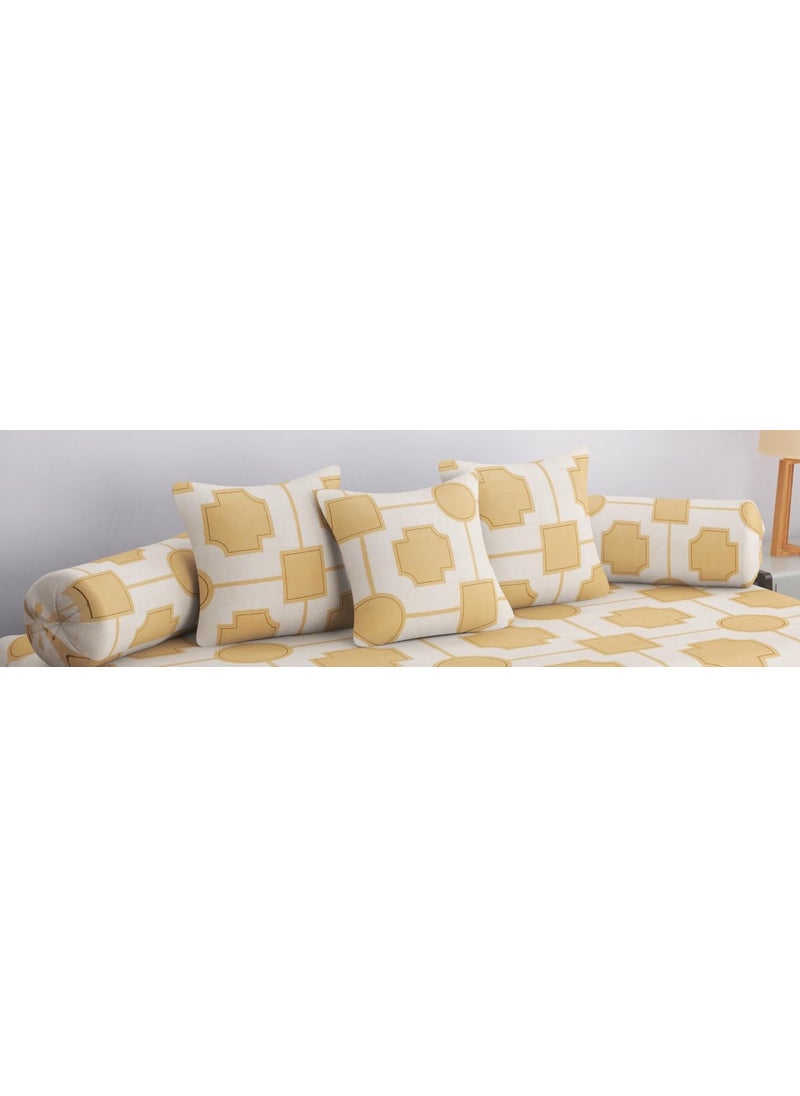 SHOMES Pure Cotton Printed Diwan Set Covers 6 Pieces for Living Room 1 Single Bed Sheet with 3 Cushion Covers 2 Bolster Covers Color Beige Size Standard Set of 6 Pcs