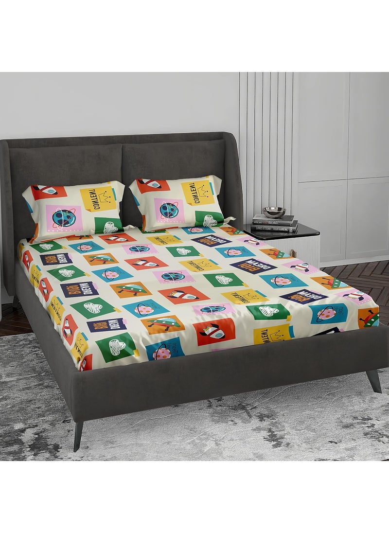 LABHAM Kids Mania 140 GSM Glace Cotton Floral 140 TC Abstract Print Super Soft Double Bed King Size Bedsheet 90 X 100 With 2 Pillow Covers White Yellow Green