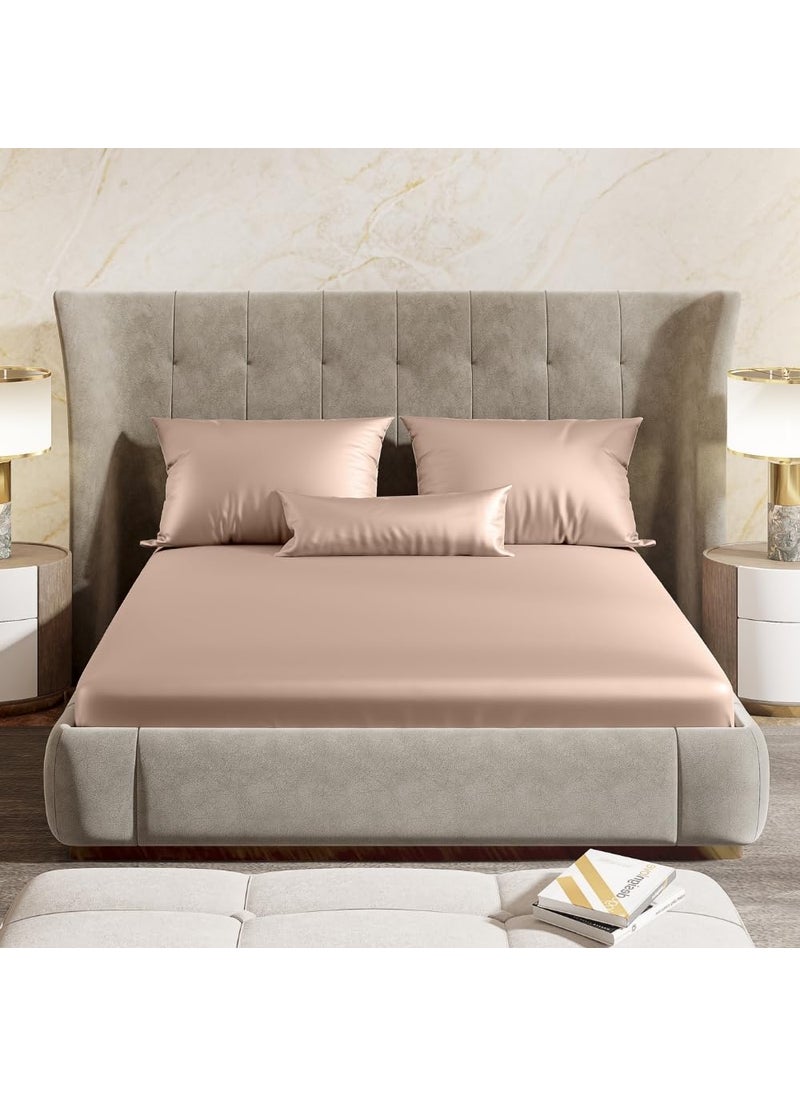 haus kinder Premium Satin Royale Golden Sand Bedsheets King Elastic Fitted Bedsheet with 2 Pillow Cover Set 300TC for SummersWinter Gift for Couples Romantic Dates Wedding