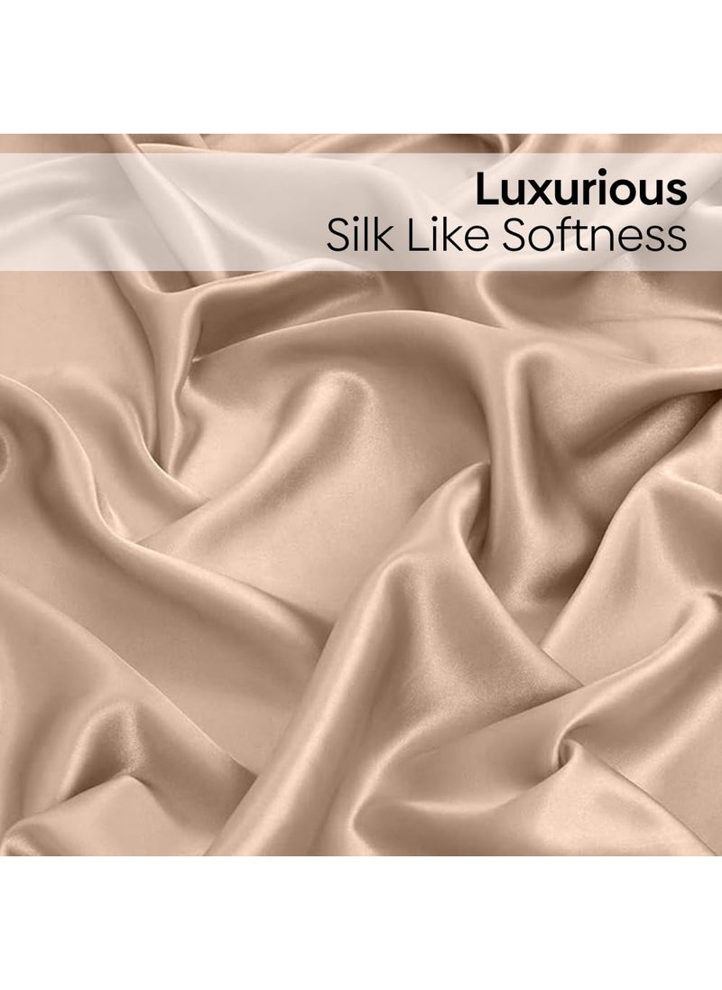 haus kinder Premium Satin Royale Golden Sand Bedsheets King Elastic Fitted Bedsheet with 2 Pillow Cover Set 300TC for SummersWinter Gift for Couples Romantic Dates Wedding
