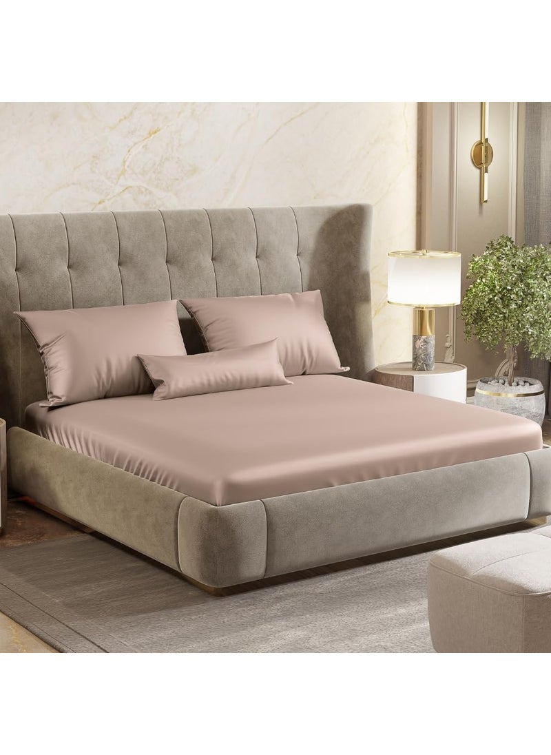 haus kinder Premium Satin Royale Golden Sand Bedsheets King Elastic Fitted Bedsheet with 2 Pillow Cover Set 300TC for SummersWinter Gift for Couples Romantic Dates Wedding