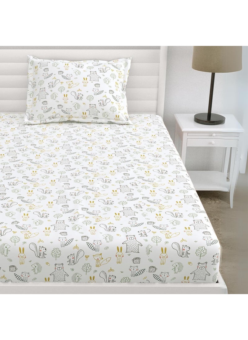 Haus Kinder Flat Single Bedsheet Cotton for Kids 200TCWrinkle Free Printed Pure Cotton Single Bedsheet 145x225CM 1Pc Cotton Single Bedsheet with Pillow Cover 1Pc Woodland Animal Easy Wash Beige