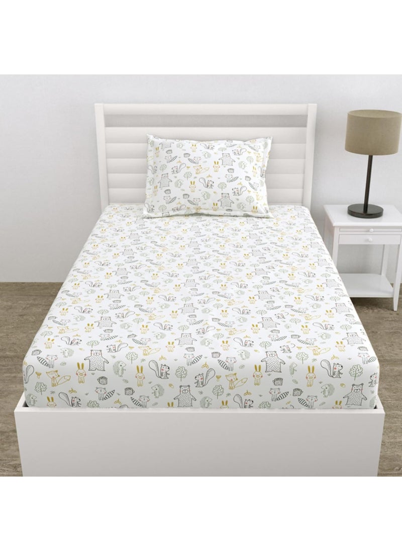 Haus Kinder Flat Single Bedsheet Cotton for Kids 200TCWrinkle Free Printed Pure Cotton Single Bedsheet 145x225CM 1Pc Cotton Single Bedsheet with Pillow Cover 1Pc Woodland Animal Easy Wash Beige