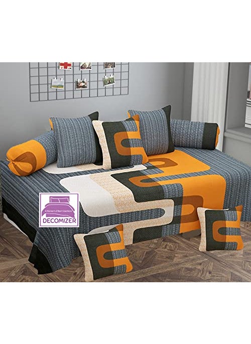DECOMIZER XL Diwan Set 100 Pure Cotton Designer 1 60 X 90 in Bedsheet5 16x16 in Cushion Covers and 2 Booster Covers 8 PCS Set Diwan Set125 Design Orange and Grey