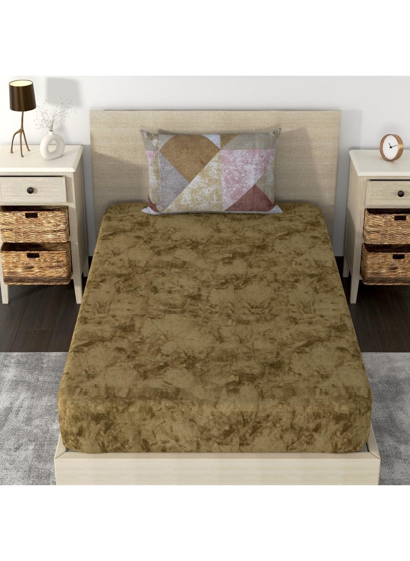 Huesland by Ahmedabad Cotton 210 TC Fitted Bedsheet Single Bed Cotton with 1 Pillow Cover 3ft x 65ft Green Ochre Grey Mulberry