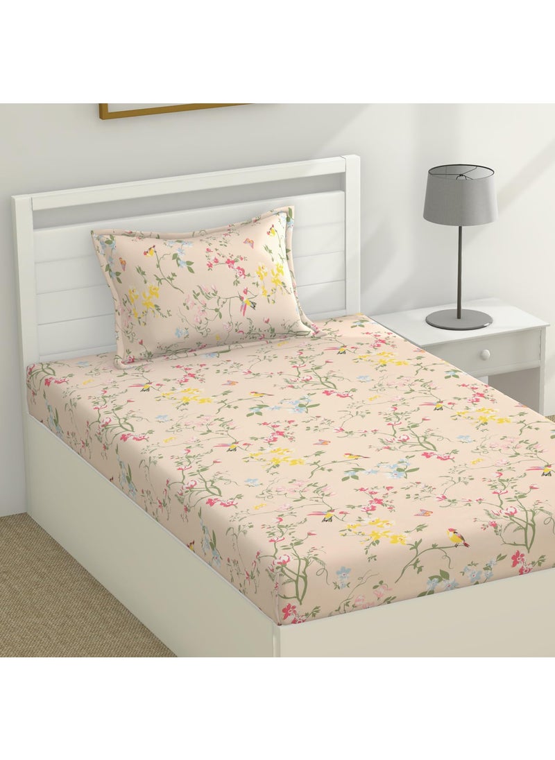 Haus Kinder Cotton Single Bed Sheet Set 186 TC Breathable Fabric with 1 Pillow Cover Peach Flower Print