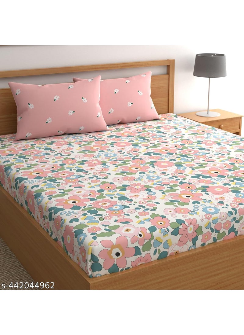 DREAMLET Premium Glace Cotton 180 TC Double Bed King Size Bedsheet with 2 Quilted Pillow Covers and 2 Quilted Filled Cushions 90X100 Inches Set of 5 Pieces Pink