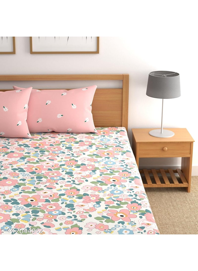 DREAMLET Premium Glace Cotton 180 TC Double Bed King Size Bedsheet with 2 Quilted Pillow Covers and 2 Quilted Filled Cushions 90X100 Inches Set of 5 Pieces Pink