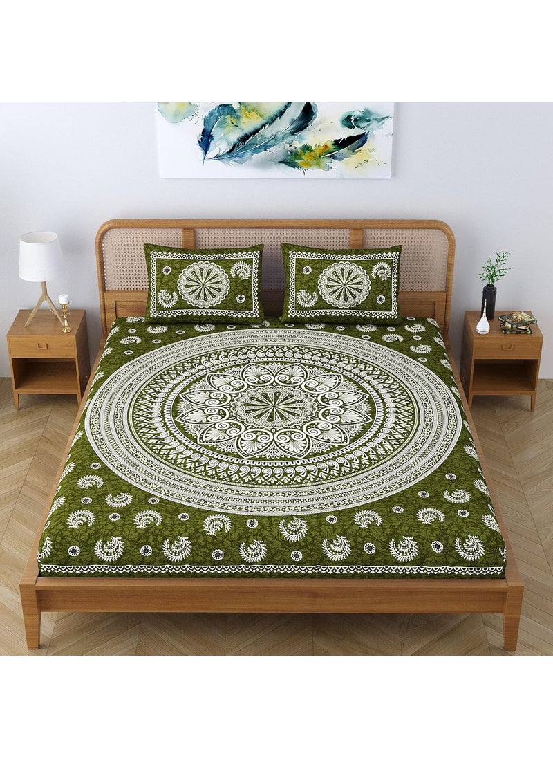 SheetKart Floral Motif Mandala 100 Cotton Bedsheet for Double Bed King Size with 2 Pillow Covers Jaipuri Printed Bed Cover Pine Green