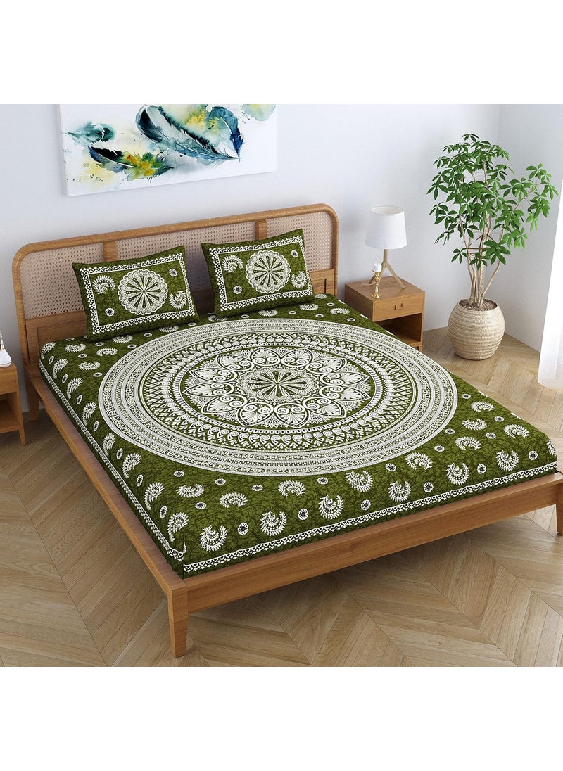 SheetKart Floral Motif Mandala 100 Cotton Bedsheet for Double Bed King Size with 2 Pillow Covers Jaipuri Printed Bed Cover Pine Green