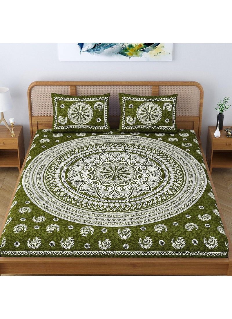 SheetKart Floral Motif Mandala 100 Cotton Bedsheet for Double Bed King Size with 2 Pillow Covers Jaipuri Printed Bed Cover Pine Green