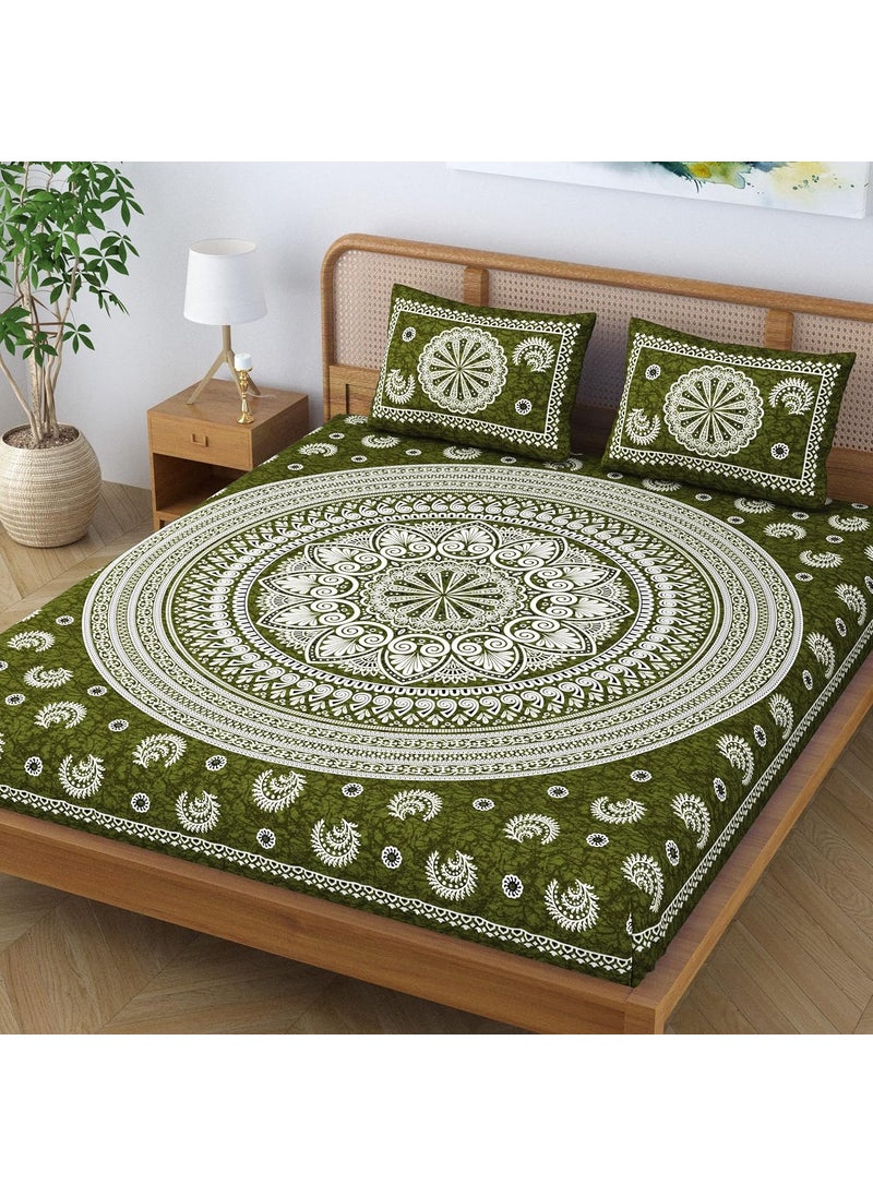 SheetKart Floral Motif Mandala 100 Cotton Bedsheet for Double Bed King Size with 2 Pillow Covers Jaipuri Printed Bed Cover Pine Green