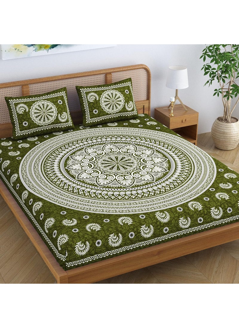 SheetKart Floral Motif Mandala 100 Cotton Bedsheet for Double Bed King Size with 2 Pillow Covers Jaipuri Printed Bed Cover Pine Green