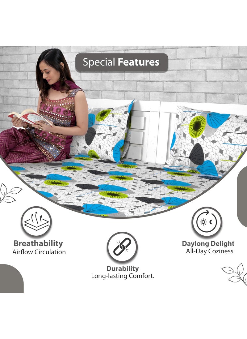 Divine Casa Bedsheet for Single Size Bed 144 TC Cotton Bedsheet for Single Size Bed with 1 Pillow Cover 145 X 223 cm Geometric Green Blue Cotton Bedsheet