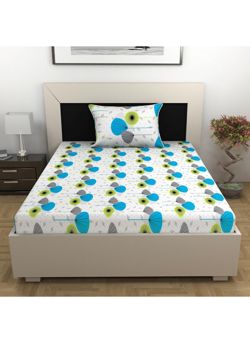 Divine Casa Bedsheet for Single Size Bed 144 TC Cotton Bedsheet for Single Size Bed with 1 Pillow Cover 145 X 223 cm Geometric Green Blue Cotton Bedsheet