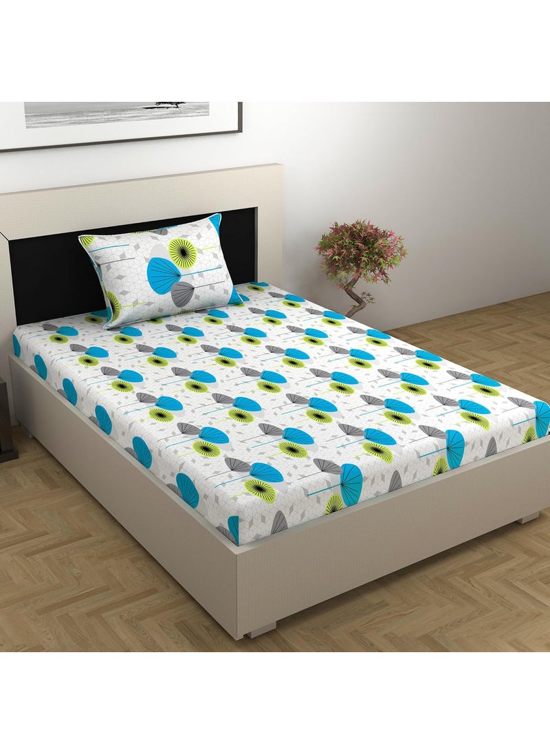 Divine Casa Bedsheet for Single Size Bed 144 TC Cotton Bedsheet for Single Size Bed with 1 Pillow Cover 145 X 223 cm Geometric Green Blue Cotton Bedsheet