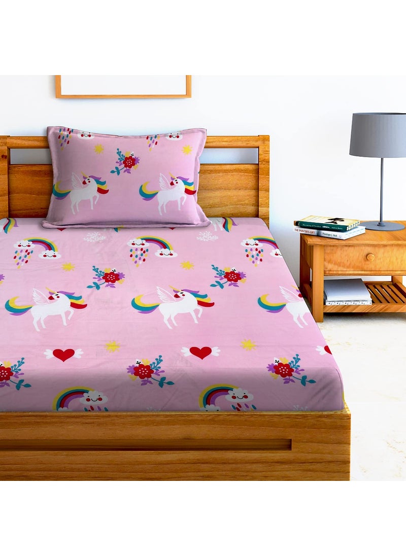 AEROHAVEN 180TC Glace Cotton Cartoon Flat Single Bedsheet with 1 King Size Pillow Cover GCB13 Pink